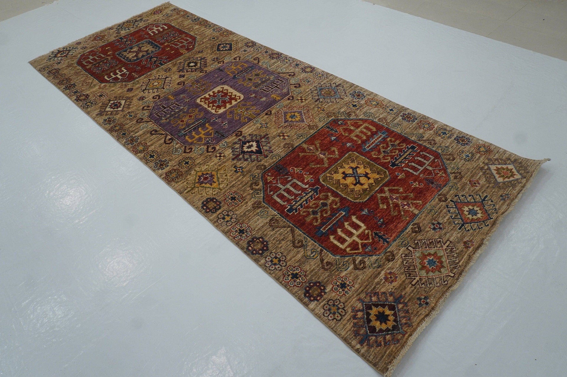 4x10'4 Kazak Gray Tribal Caucasian Afghan Hand knotted Wide Runner Rug - Yildiz Rugs