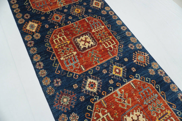 4x10 Kazak Navy Blue Afghan Hand knotted wool wide runner rug - Yildiz Rugs