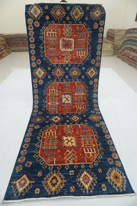 4x10 Kazak Navy Blue Afghan Hand knotted wool wide runner rug - Yildiz Rugs