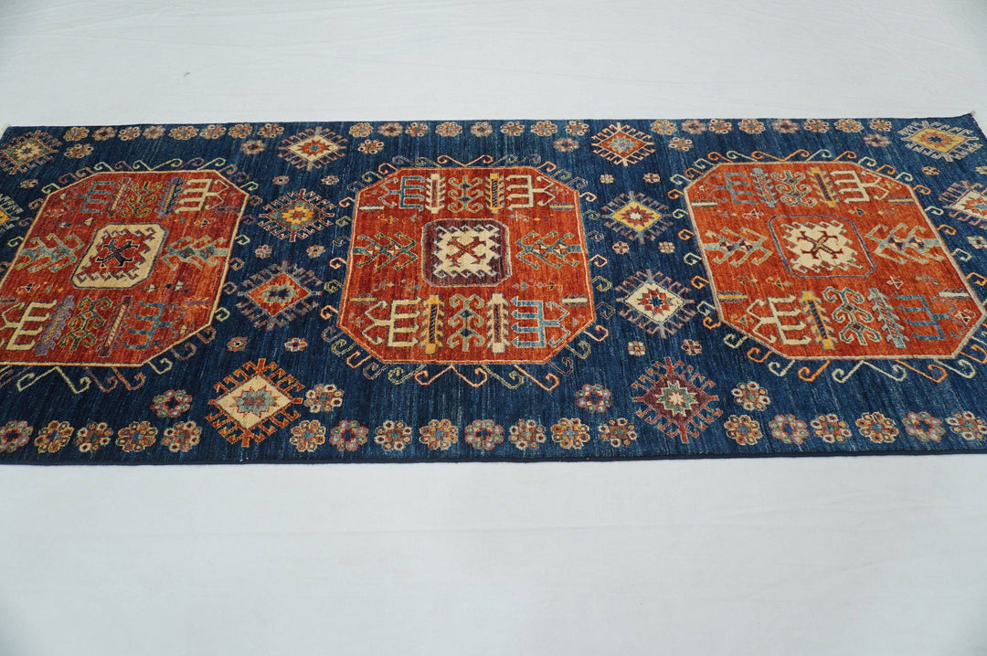 4x10 Kazak Navy Blue Afghan Hand knotted wool wide runner rug - Yildiz Rugs