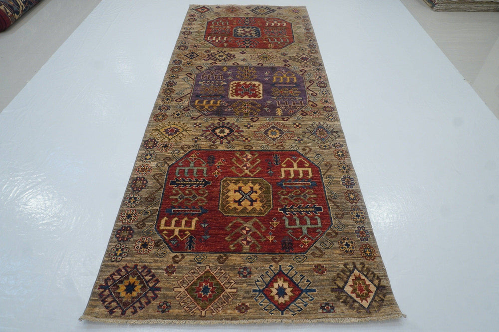 4x10 Kazak Undyed Gray Tribal Afghan Hand knotted Wide Runner Rug - Yildiz Rugs