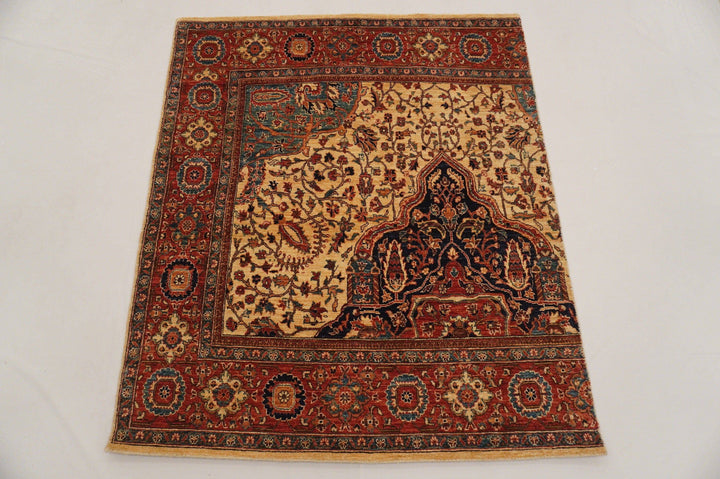 4x5 Vintage Beige Blue Red Persian Hand knotted wool Square rug - Yildiz Rugs