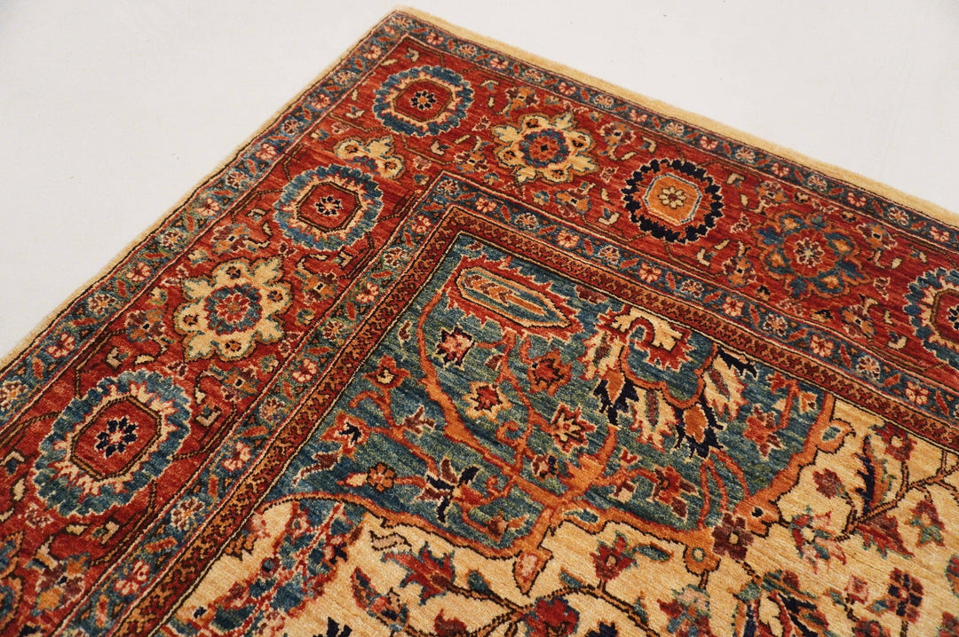 4x5 Vintage Beige Blue Red Persian Hand knotted wool Square rug - Yildiz Rugs