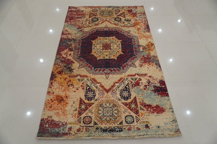 4x6 Beige Abstract Mamluk Turkish Hand knotted wool Rug - Yildiz Rugs