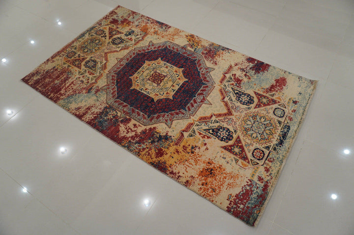 4x6 Beige Abstract Mamluk Turkish Hand knotted wool Rug - Yildiz Rugs