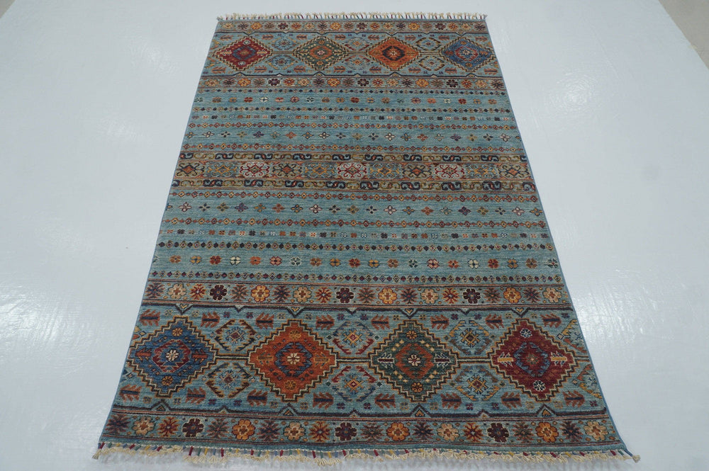 4x6 Blue Tribal Nomadic Afghan Hand knotted wool Area Rug - Yildiz Rugs