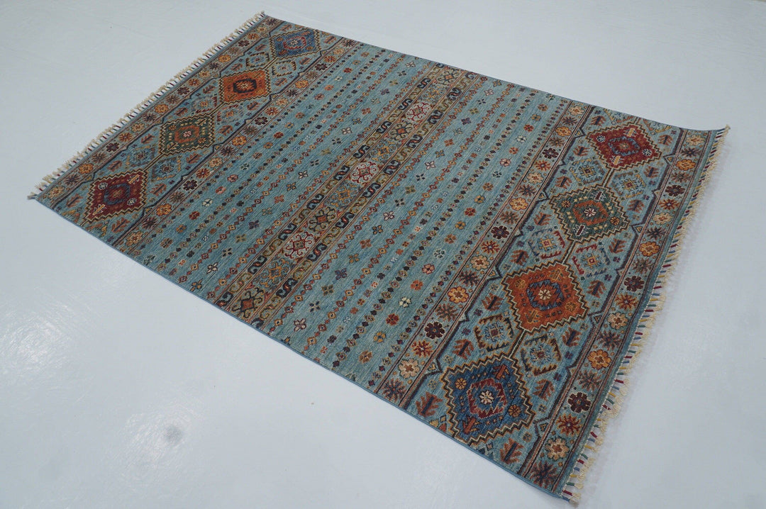 4x6 Blue Tribal Nomadic Afghan Hand knotted wool Area Rug - Yildiz Rugs