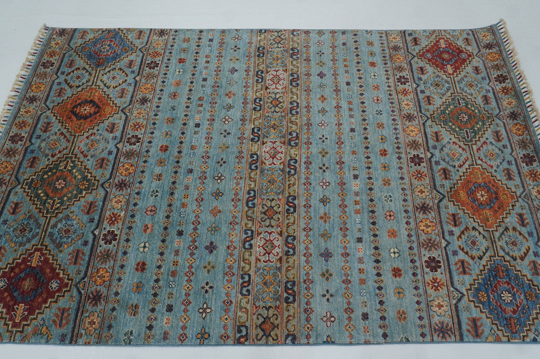 4x6 Blue Tribal Nomadic Afghan Hand knotted wool Area Rug - Yildiz Rugs