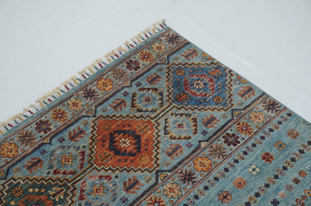 4x6 Blue Tribal Nomadic Afghan Hand knotted wool Area Rug - Yildiz Rugs