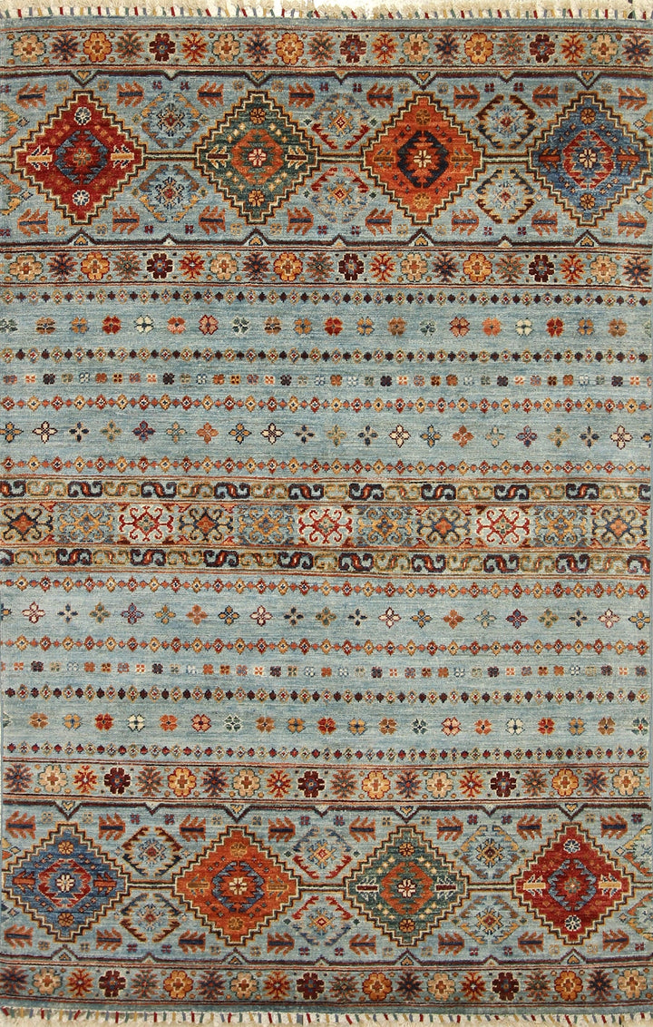 4x6 Blue Tribal Nomadic Afghan Hand knotted wool Area Rug - Yildiz Rugs