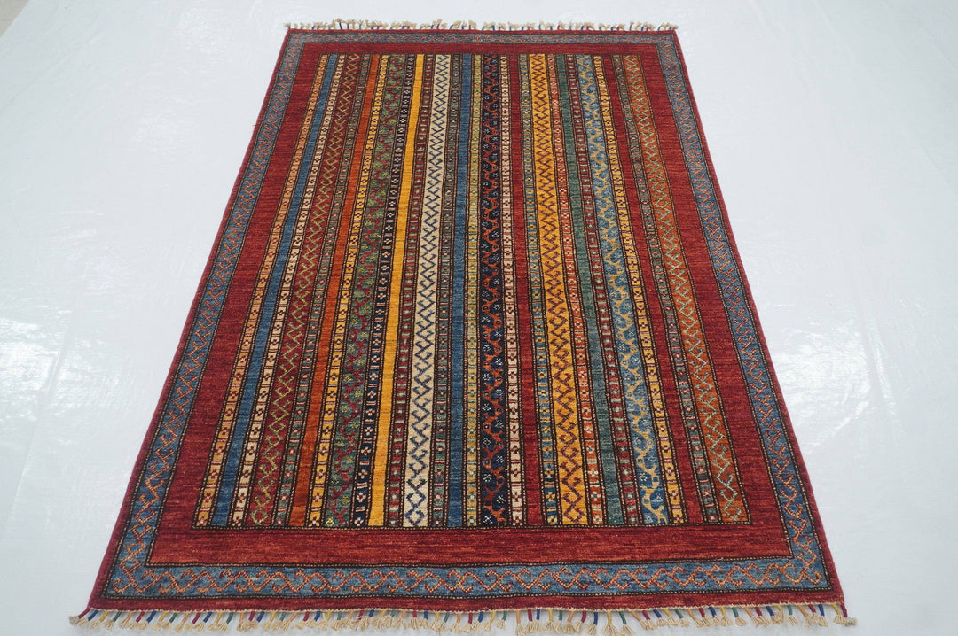 4x6 Boho Turkish Red Shawl Pattern Hand knotted Wool Striped Rug - Yildiz Rugs