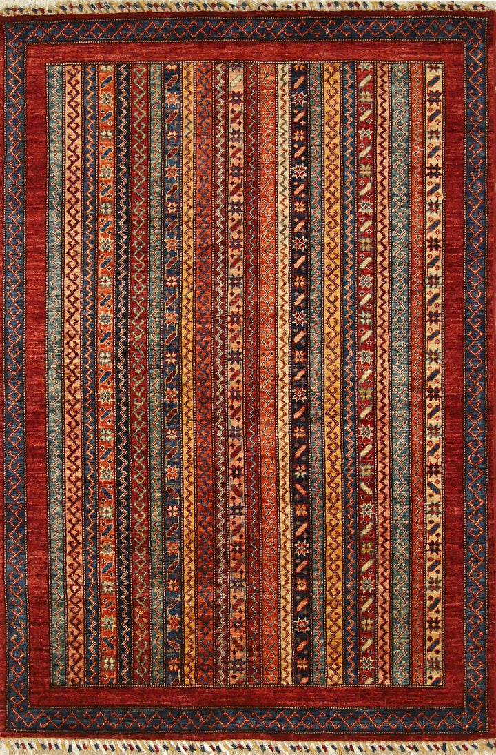 4x6 Boho Turkish Red Shawl Pattern Hand knotted Wool Striped Rug - Yildiz Rugs