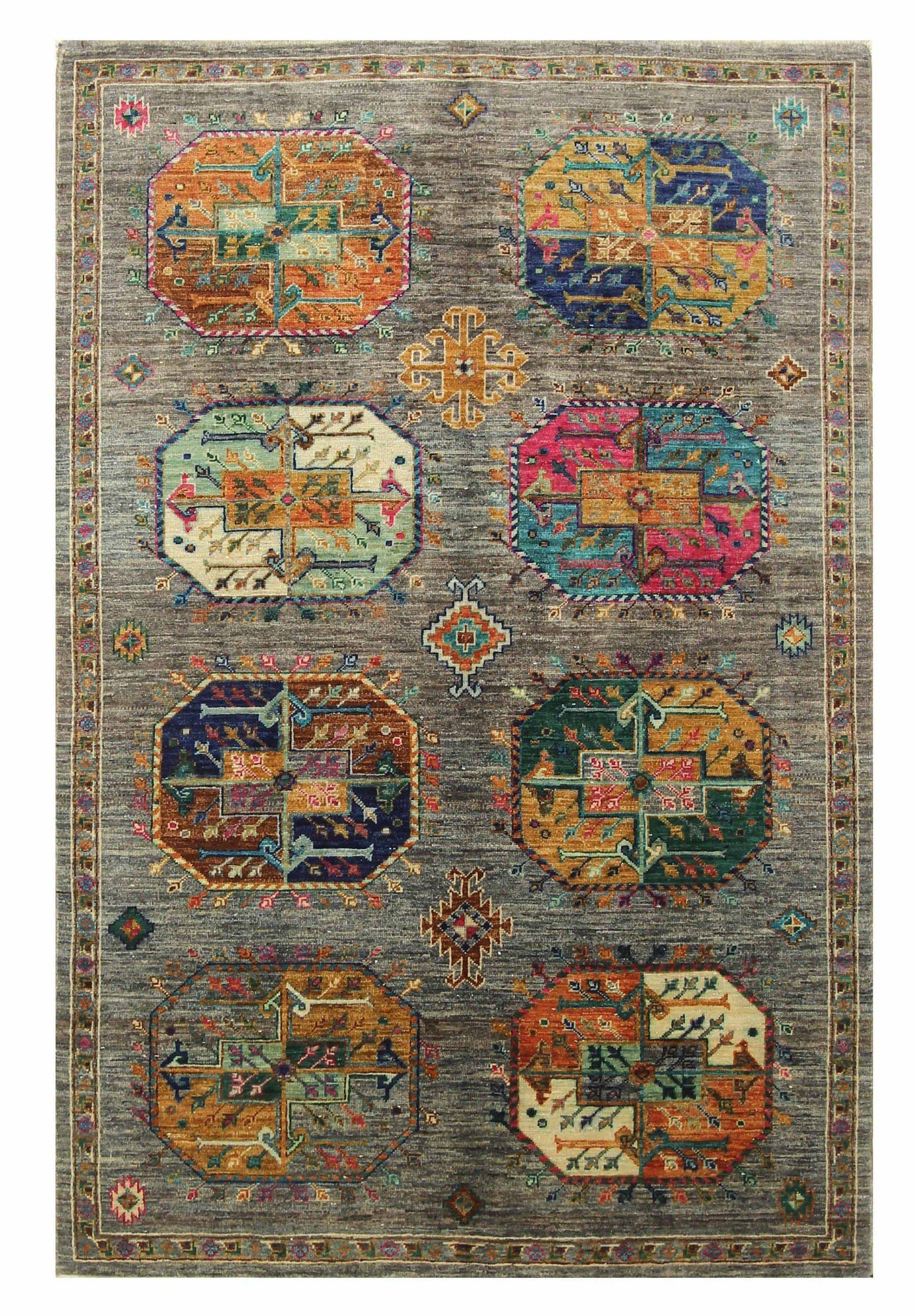 4x6 Ersari Gray Modern colors Afghan hand knotted Wool Area Rug - Yildiz Rugs