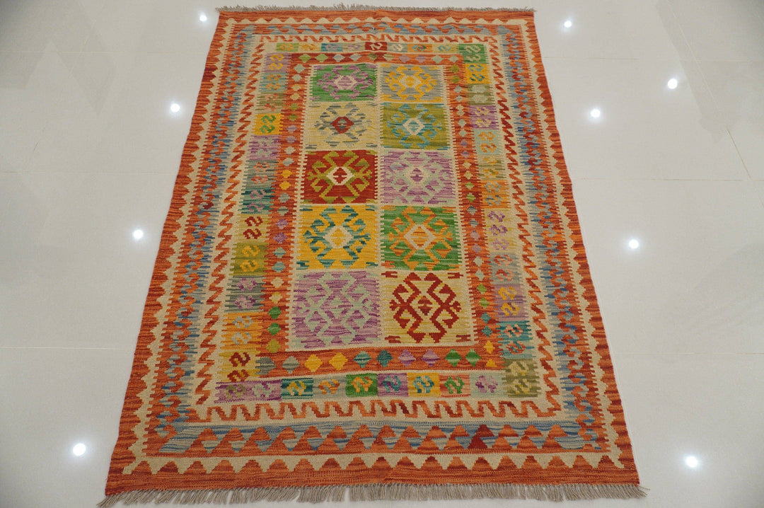 4x6 ft. Afghan orange Handmade Wool Kilim Area Rug - Yildiz Rugs