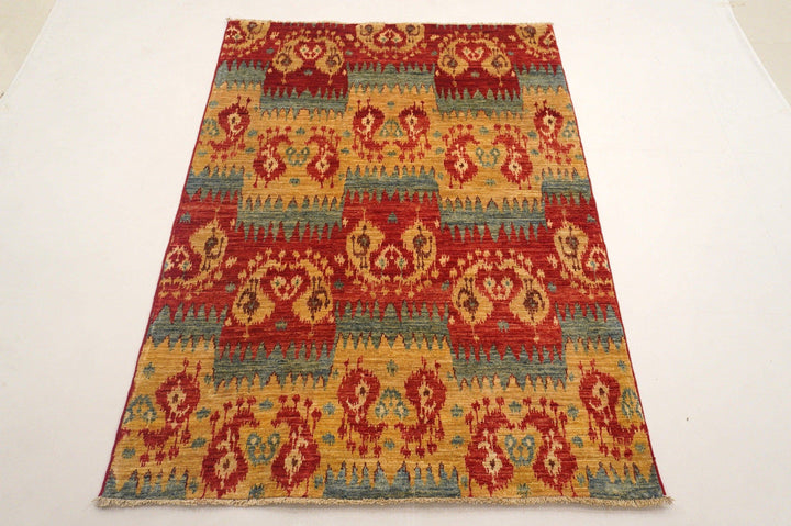 4x6 Ikat Red Gold Vintage Afghan Hand Knotted wool Area Rug - Yildiz Rugs