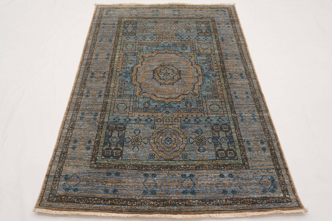 4x6 Turkish Mamluk Muted Brown Blue Hand Knotted Wool Area Rug - Yildiz Rugs