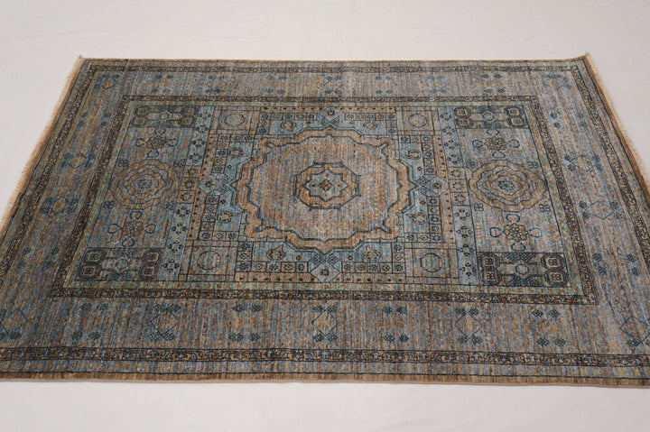 4x6 Turkish Mamluk Muted Brown Blue Hand Knotted Wool Area Rug - Yildiz Rugs