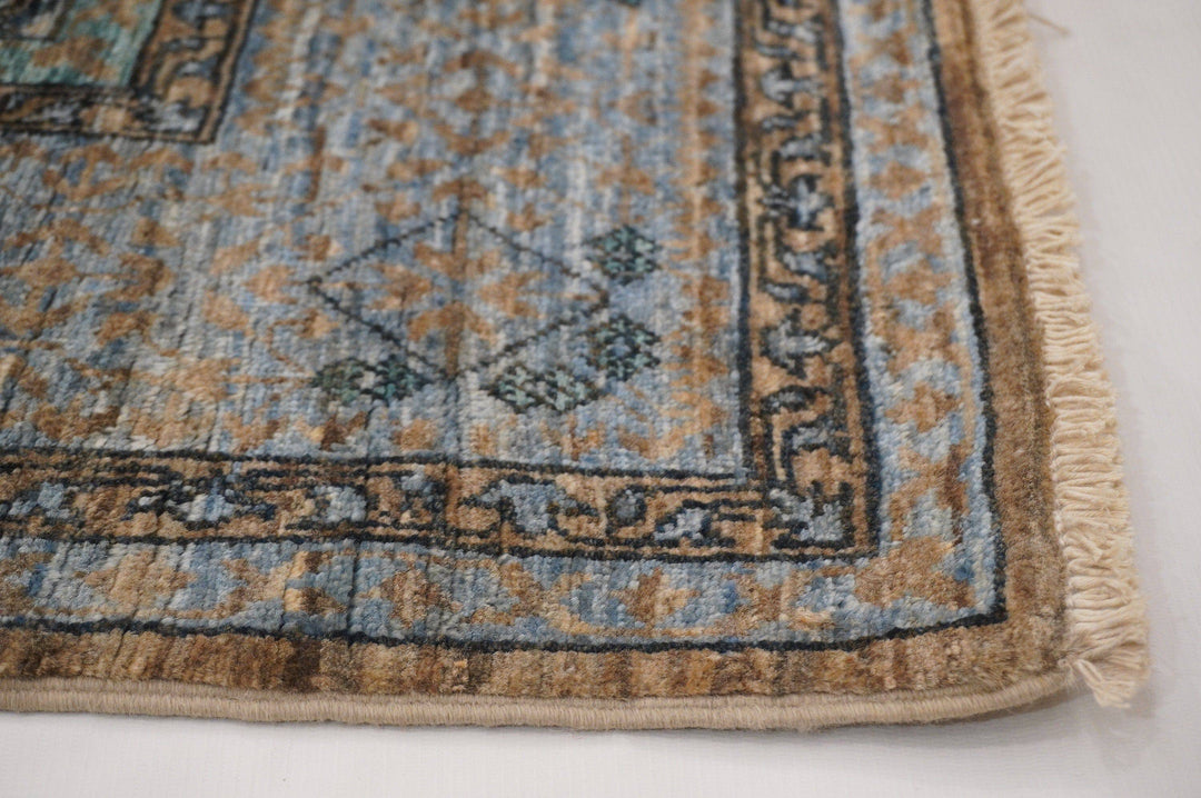 4x6 Turkish Mamluk Muted Brown Blue Hand Knotted Wool Area Rug - Yildiz Rugs