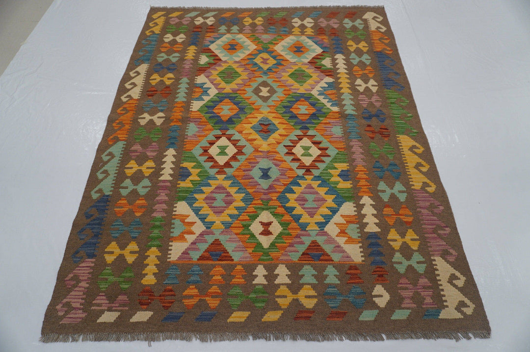 5x7 Afghan Kilim Orange Gray Hand woven Rug - Yildiz Rugs