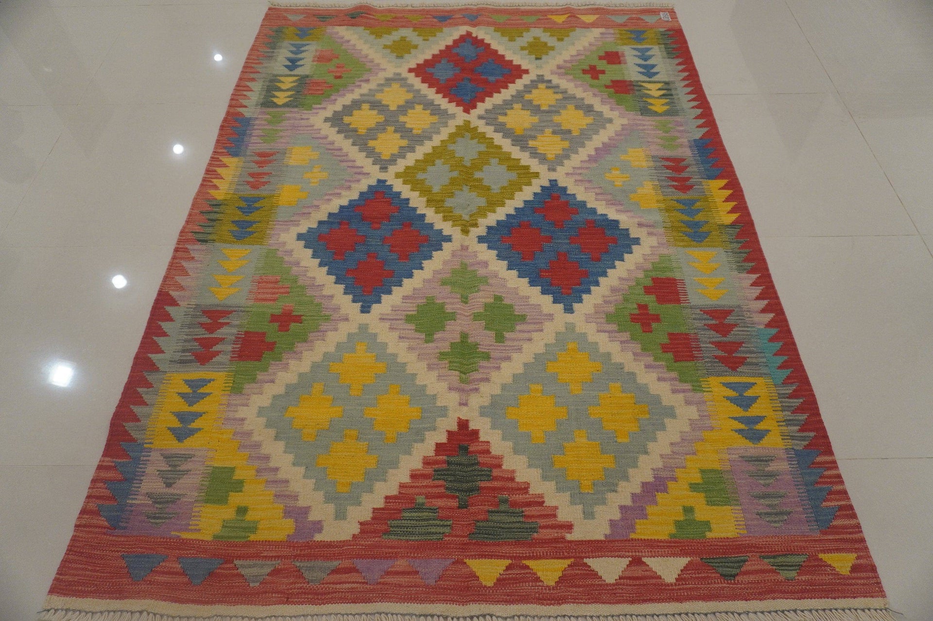 5x7 Kilim Purple Green Red Afghan Handmade Authentic Geometric Area Rug - Yildiz Rugs