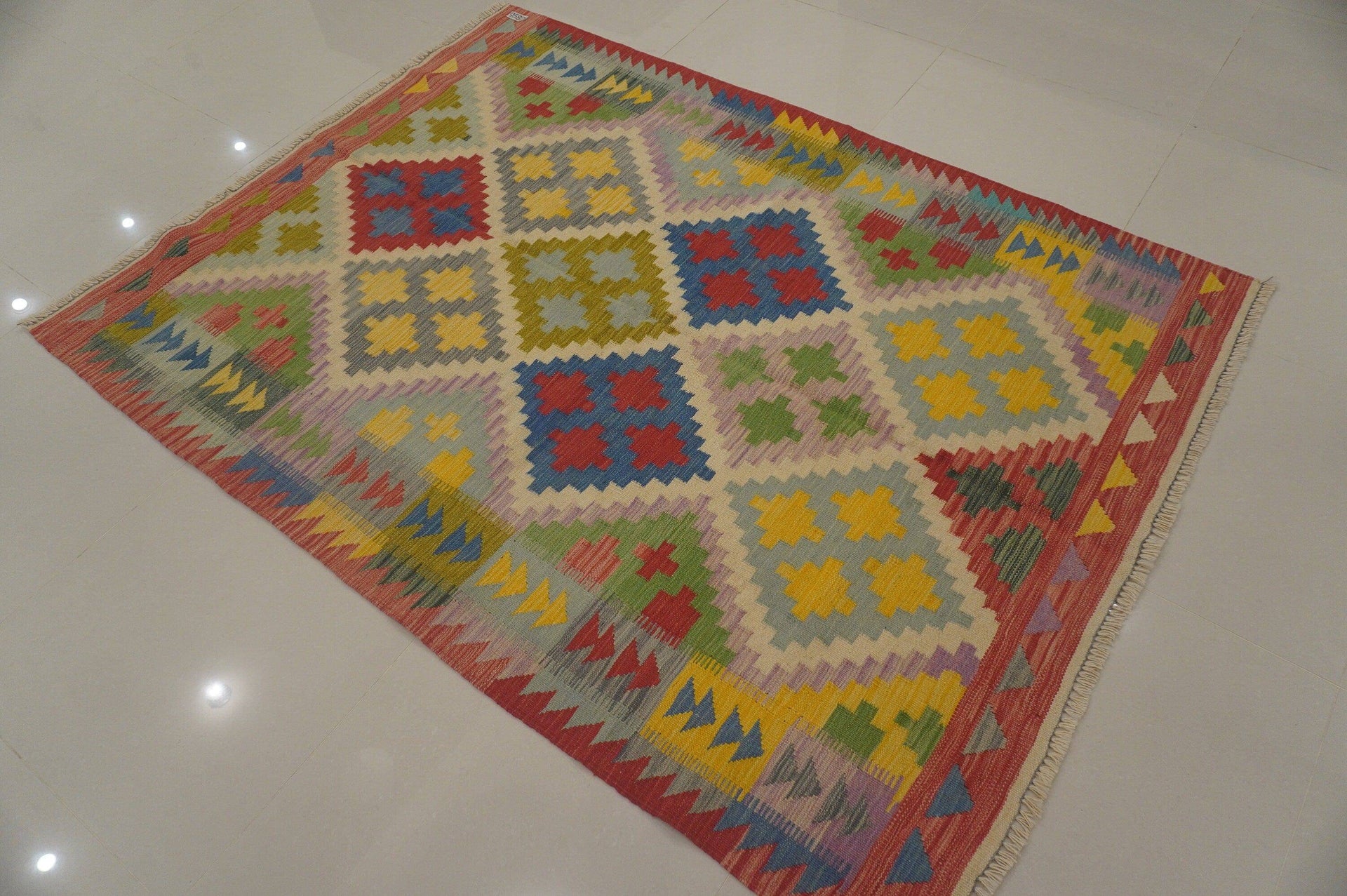 5x7 Kilim Purple Green Red Afghan Handmade Authentic Geometric Area Rug - Yildiz Rugs