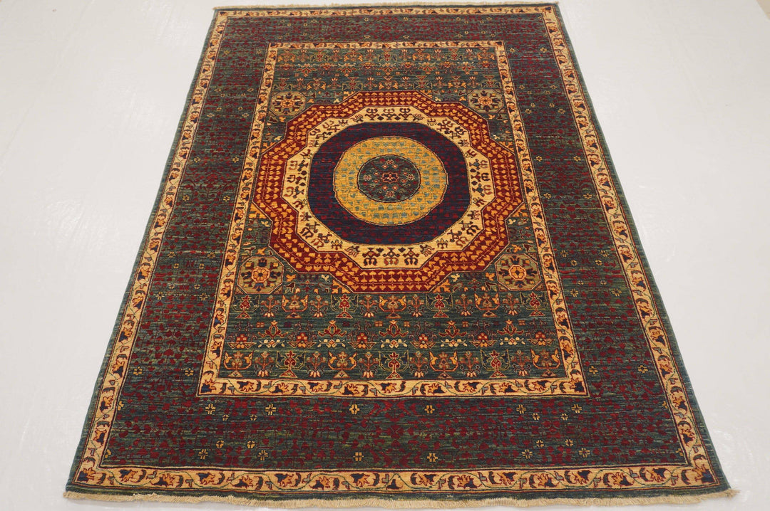 5x7 Turkish Mamluk Green Hand knotted Veg Dye wool Geometric Area Rug - Yildiz Rugs