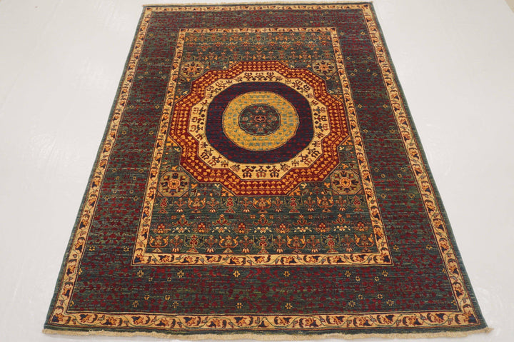 5x7 Turkish Mamluk Green Hand knotted Veg Dye wool Geometric Area Rug - Yildiz Rugs