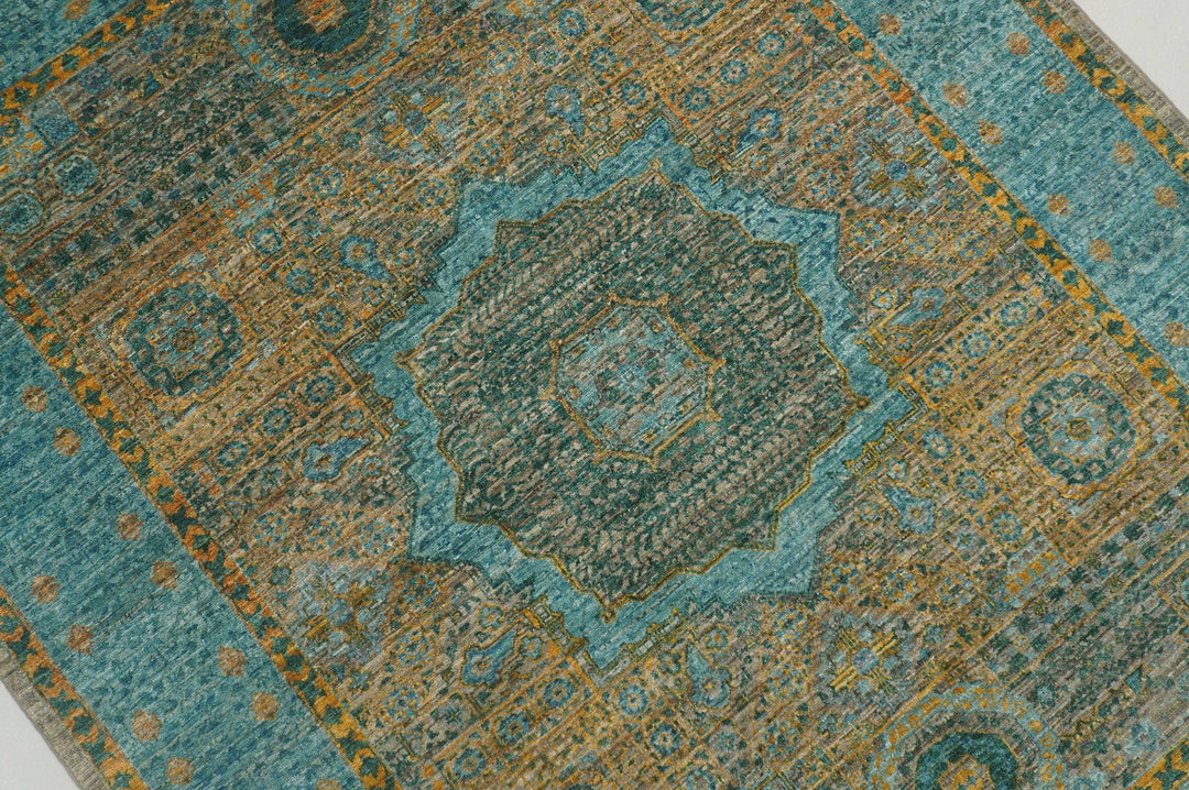 5x7 Turkish Mamluk Turquoise Blue Gray Hand knotted wool Rug - Yildiz Rugs