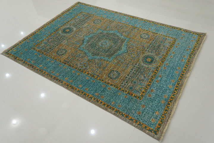 5x7 Turkish Mamluk Turquoise Blue Gray Hand knotted wool Rug - Yildiz Rugs