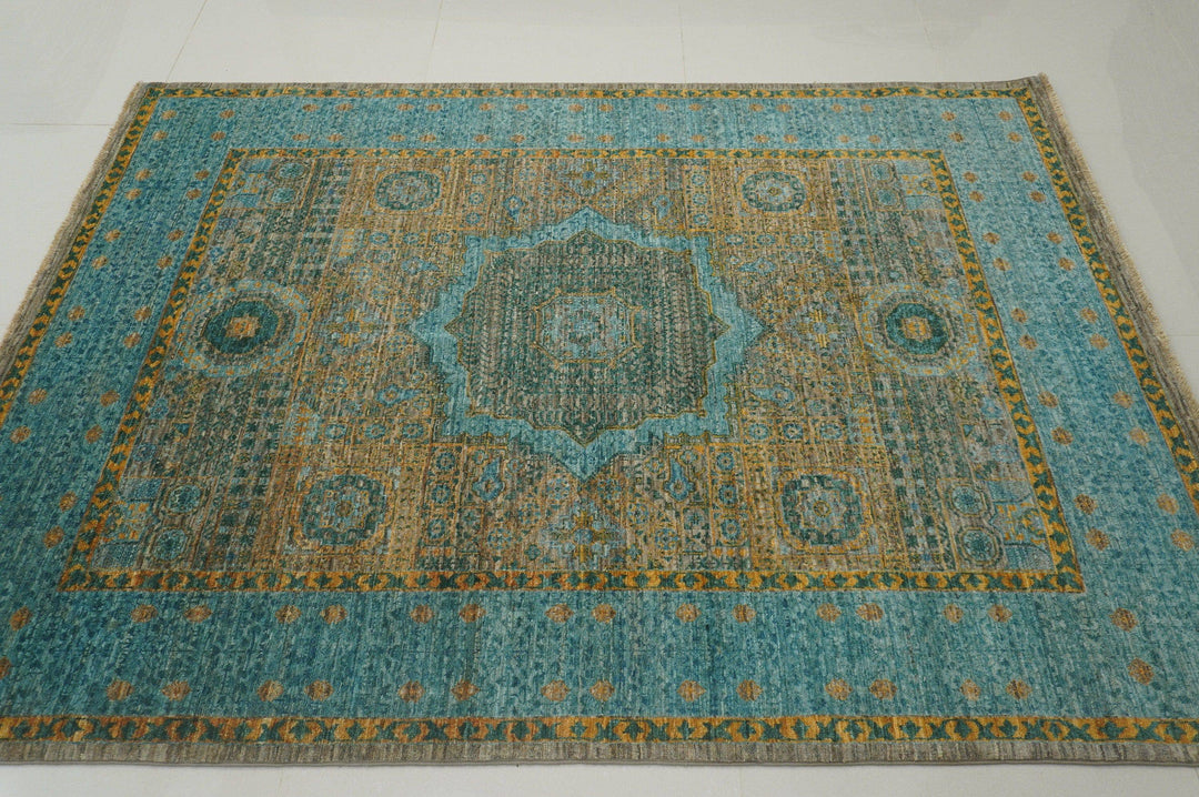 5x7 Turkish Mamluk Turquoise Blue Gray Hand knotted wool Rug - Yildiz Rugs