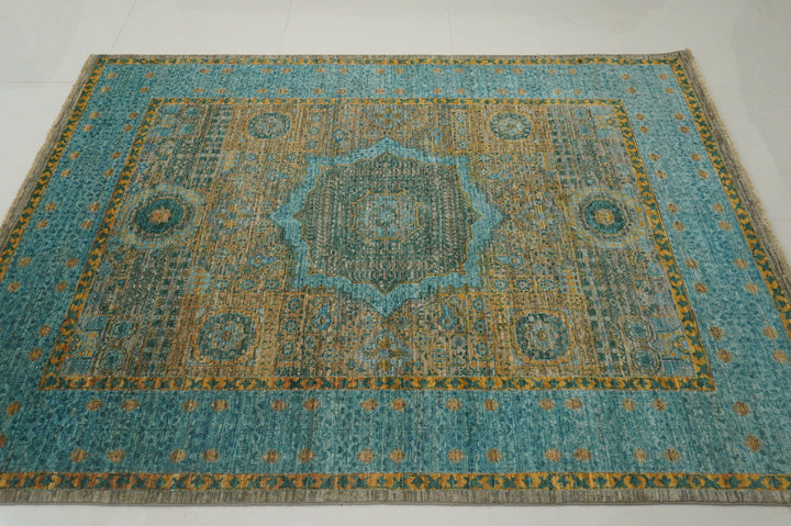 5x7 Turkish Mamluk Turquoise Blue Gray Hand knotted wool Rug - Yildiz Rugs