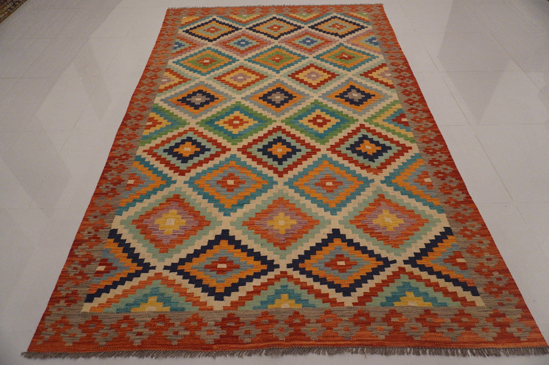 6x10 Afghan Handmade Beige Red Geometric Kilim Wool Rug - Yildiz Rugs