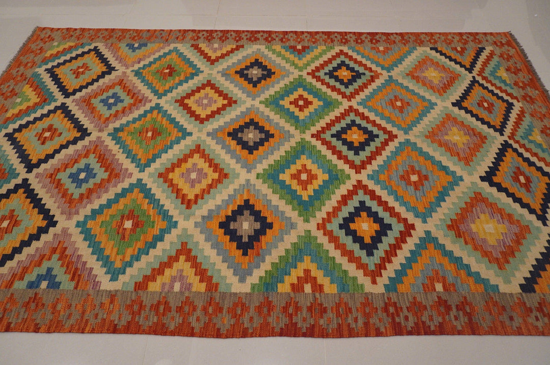 6x10 Afghan Handmade Beige Red Geometric Kilim Wool Rug - Yildiz Rugs