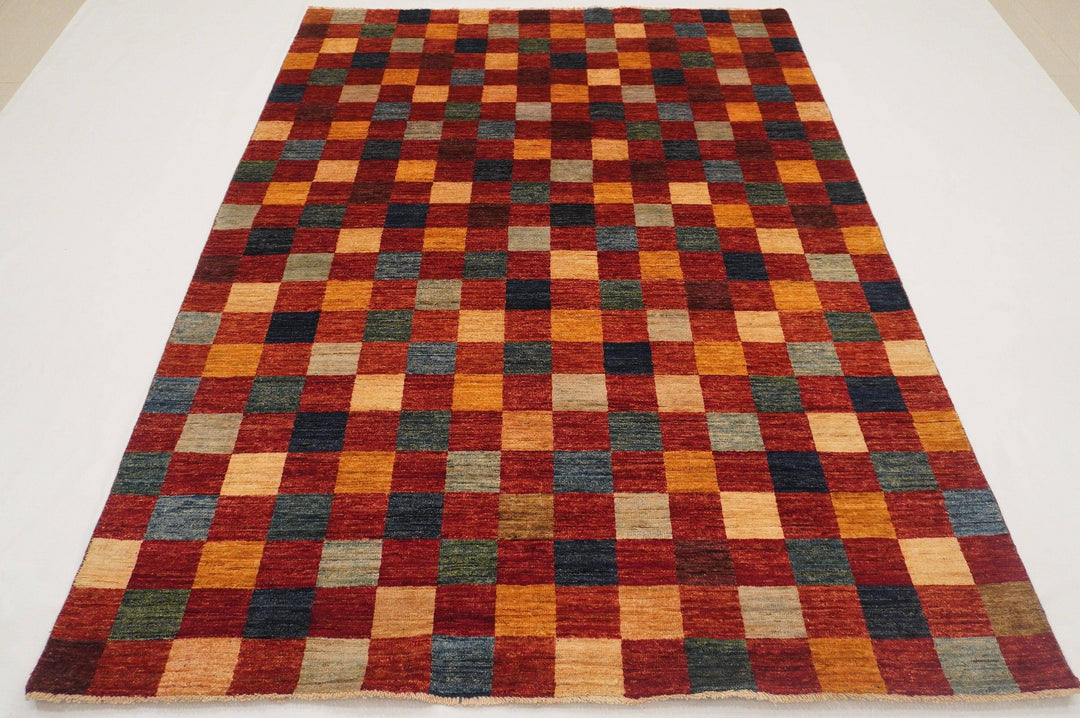 6x8 Checkered Box Gabbeh Red Afghan Hand Knotted Wool Area Rug - Yildiz Rugs