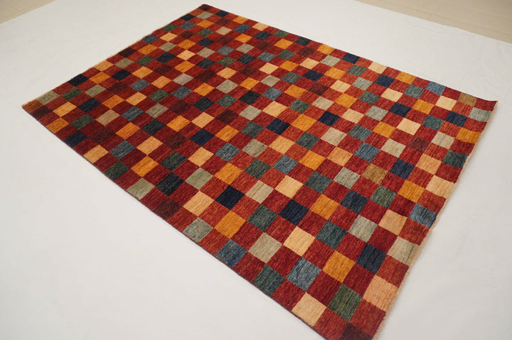 6x8 Checkered Box Gabbeh Red Afghan Hand Knotted Wool Area Rug - Yildiz Rugs