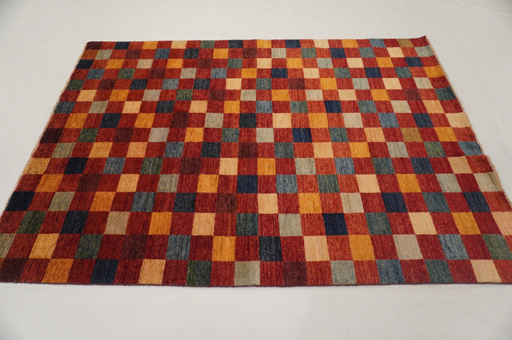 6x8 Checkered Box Gabbeh Red Afghan Hand Knotted Wool Area Rug - Yildiz Rugs