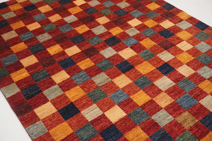 6x8 Checkered Box Gabbeh Red Afghan Hand Knotted Wool Area Rug - Yildiz Rugs