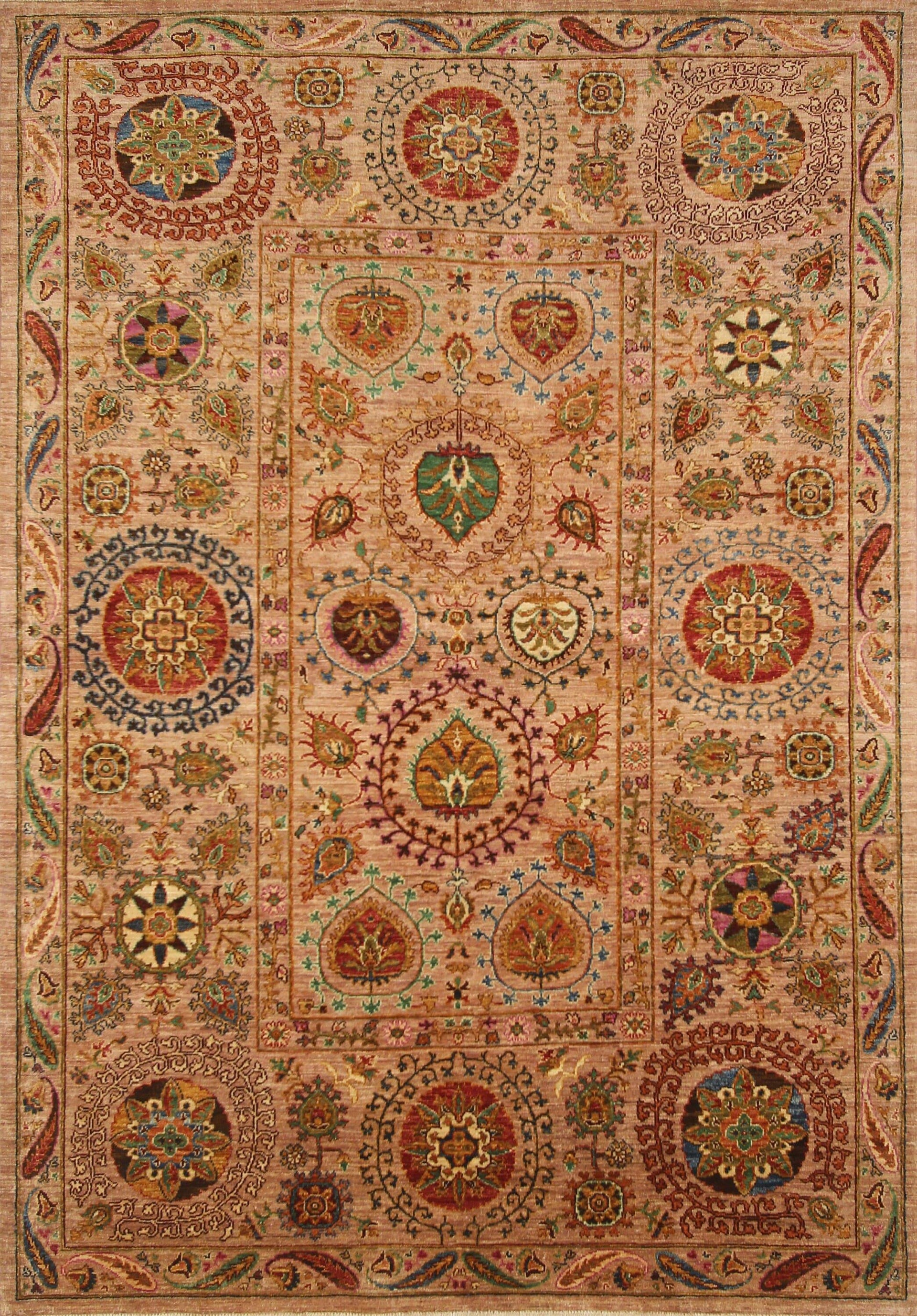 6x8 Floral Suzani Light Brown Afghan Hand Knotted Wool Area Rug - Yildiz Rugs