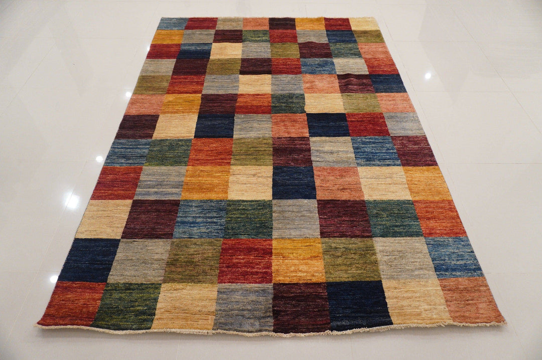 6x8 ft. Multicolor Checkered box Gabbeh Afghan hand knotted wool rug - Yildiz Rugs