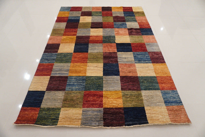 6x8 ft. Multicolor Checkered box Gabbeh Afghan hand knotted wool rug - Yildiz Rugs