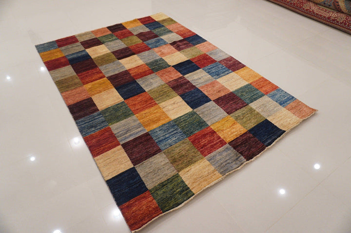 6x8 ft. Multicolor Checkered box Gabbeh Afghan hand knotted wool rug - Yildiz Rugs