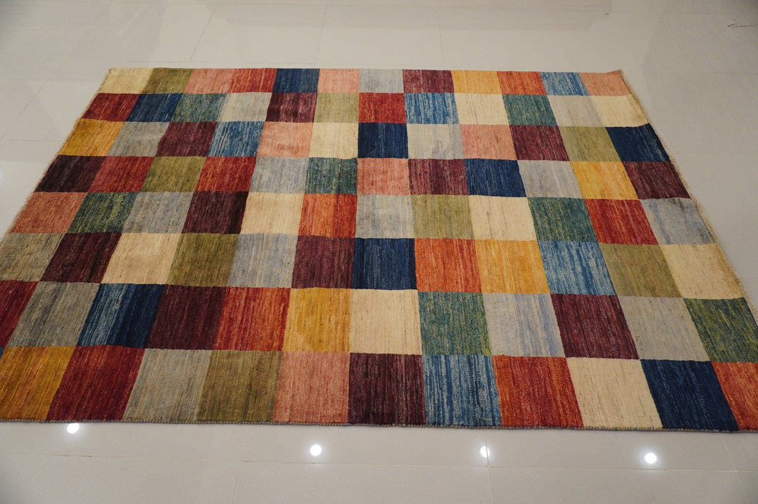 6x8 ft. Multicolor Checkered box Gabbeh Afghan hand knotted wool rug - Yildiz Rugs