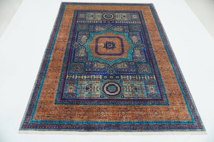 6x8 ft. Turkish Mamluk Gray Blue Orange Hand Knotted Wool Rug - Yildiz Rugs