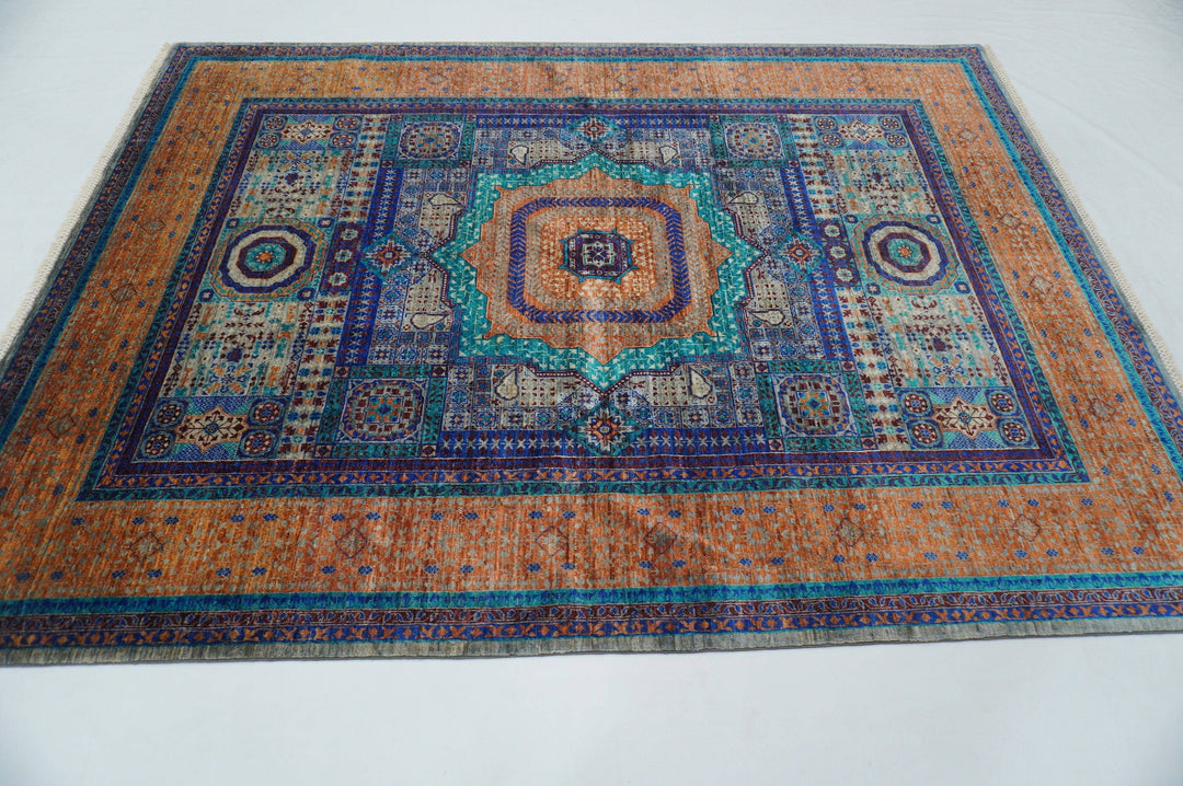 6x8 ft. Turkish Mamluk Gray Blue Orange Hand Knotted Wool Rug - Yildiz Rugs