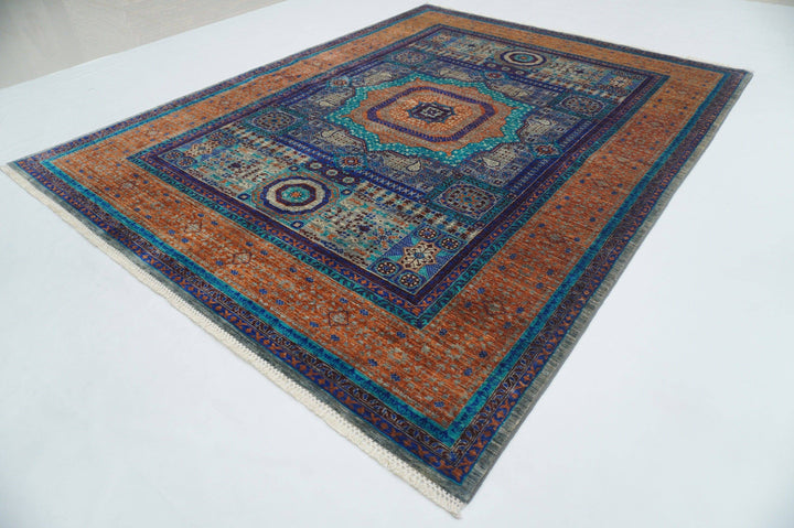 6x8 ft. Turkish Mamluk Gray Blue Orange Hand Knotted Wool Rug - Yildiz Rugs