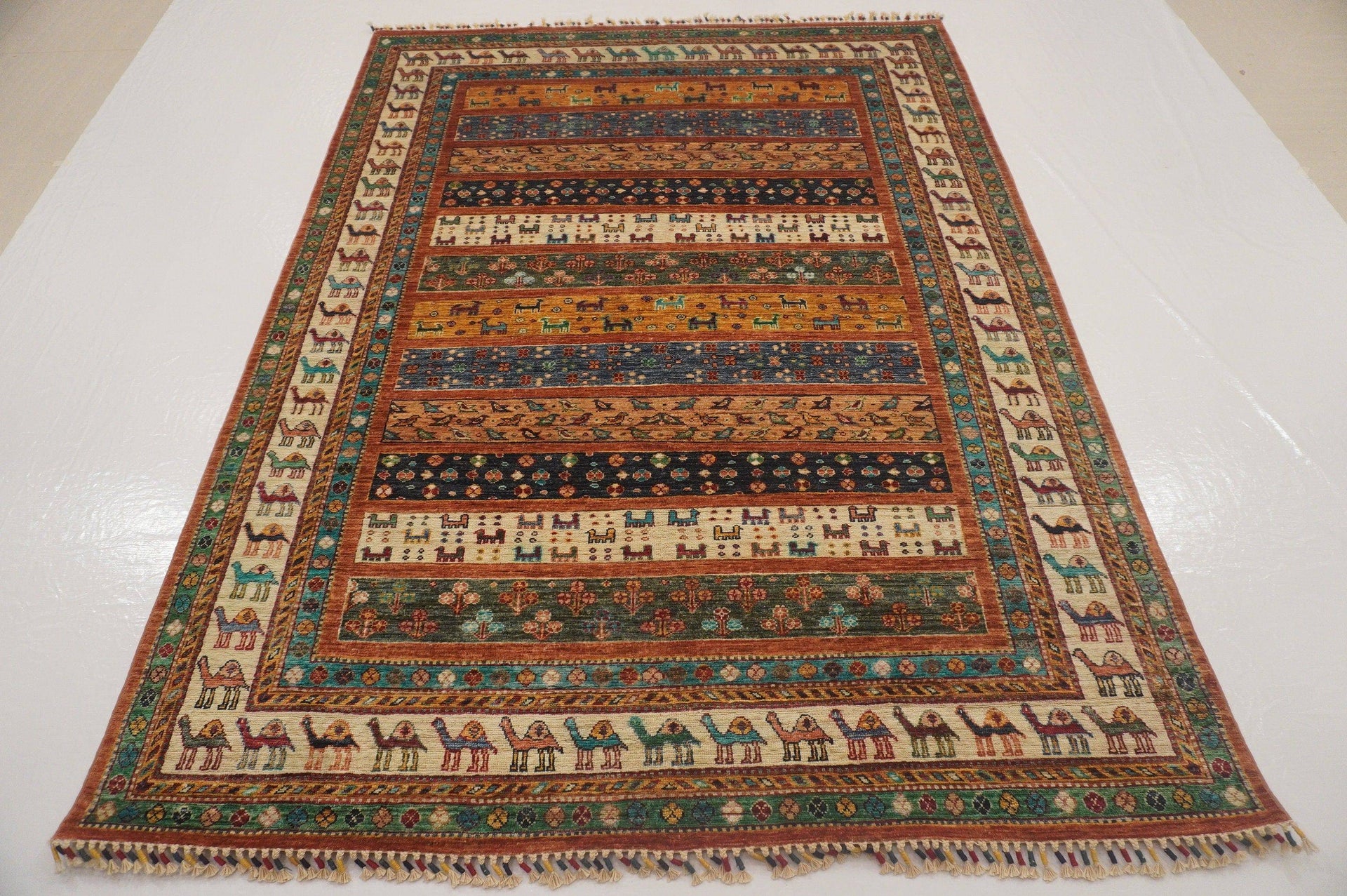 6x8 Gabbeh Beige Blue Nomadic Tribal Afghan Hand Knotted Rug - Yildiz Rugs
