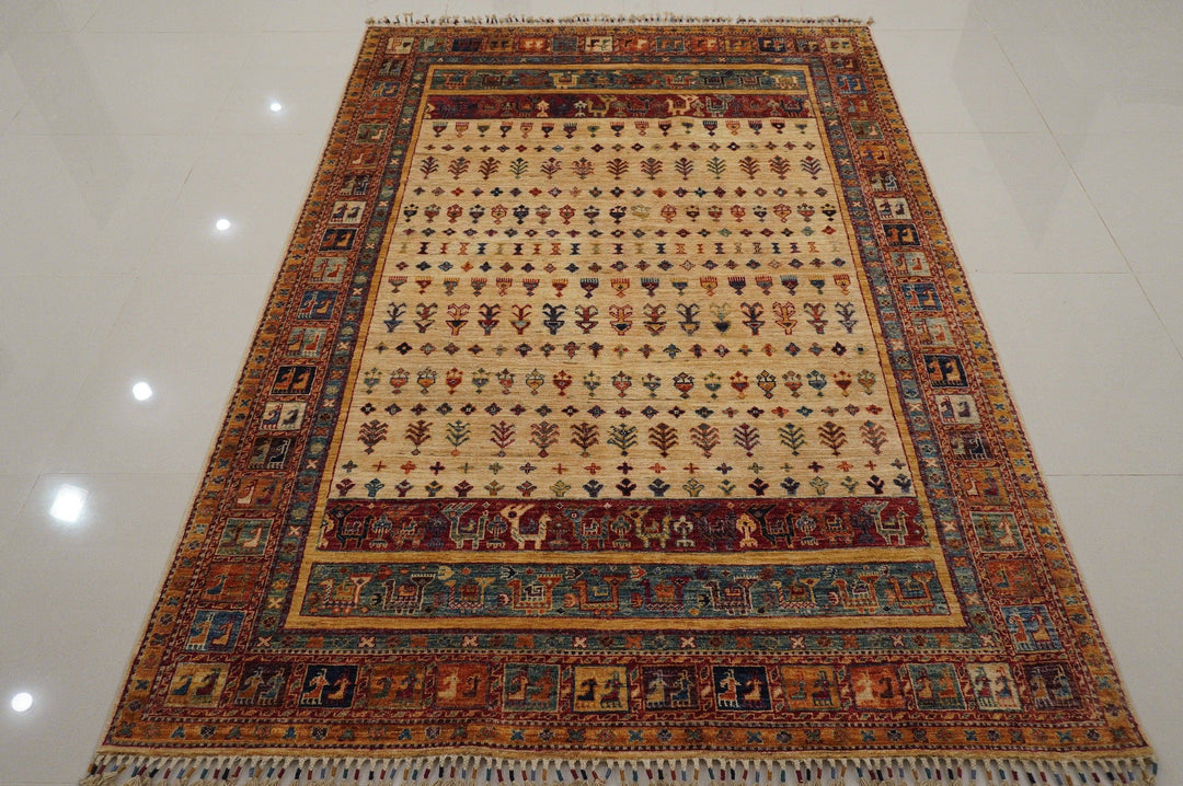 6x8 Gabbeh Beige Nomadic Tribal Afghan Handmade wool Area Rug - Yildiz Rugs