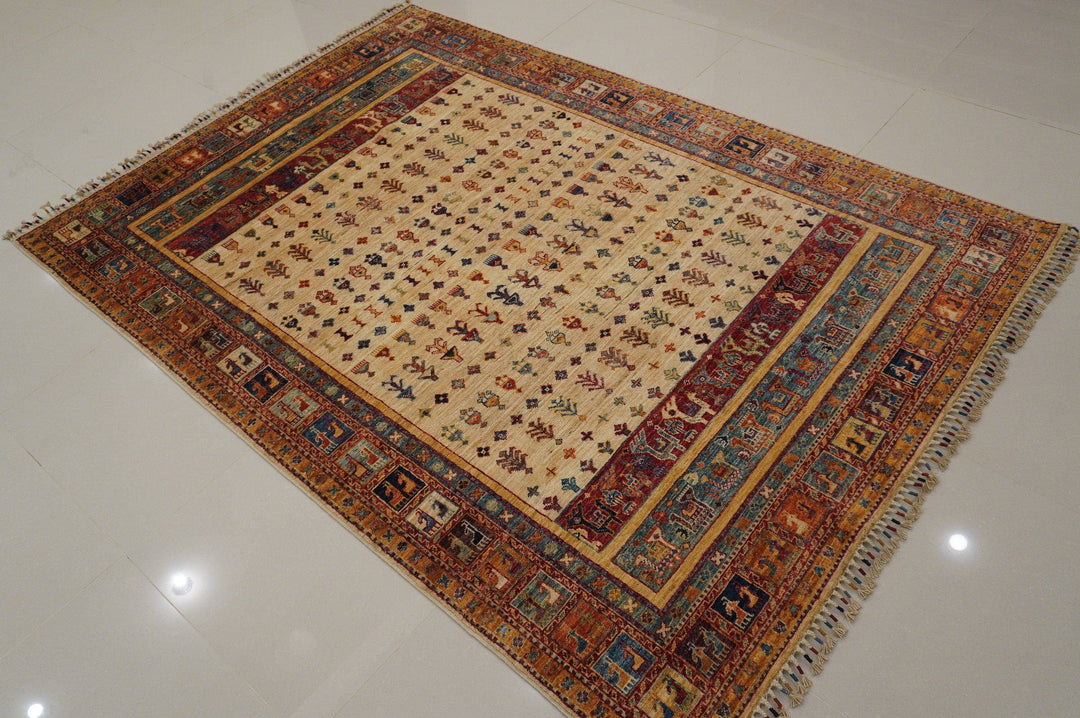 6x8 Gabbeh Beige Nomadic Tribal Afghan Handmade wool Area Rug - Yildiz Rugs