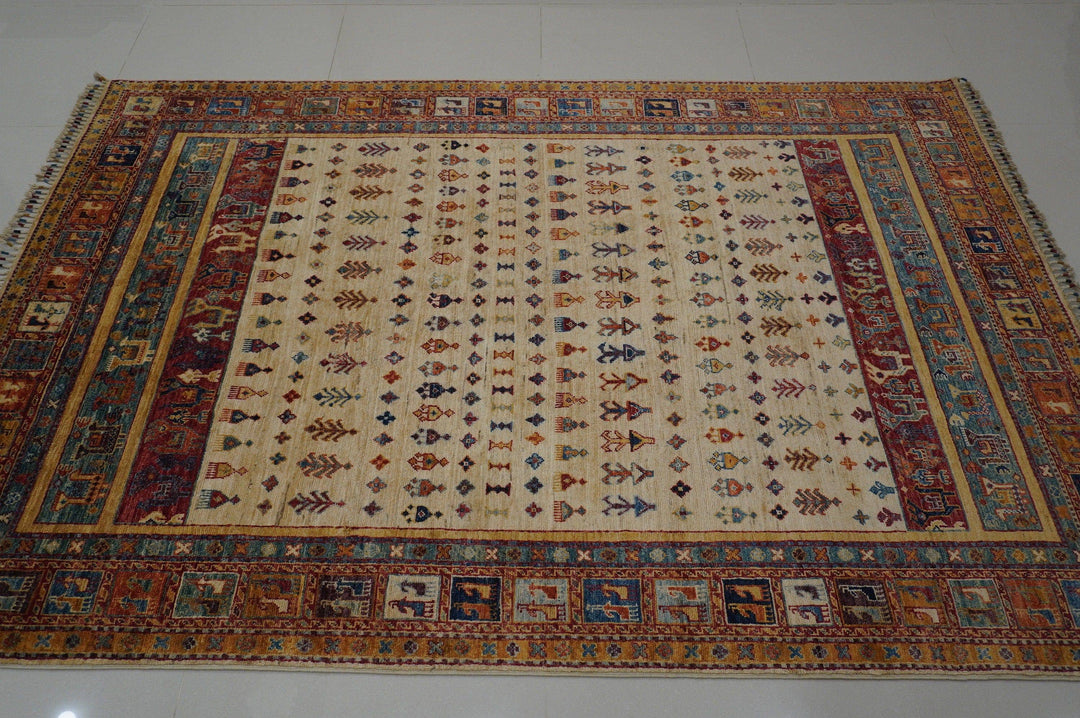 6x8 Gabbeh Beige Nomadic Tribal Afghan Handmade wool Area Rug - Yildiz Rugs