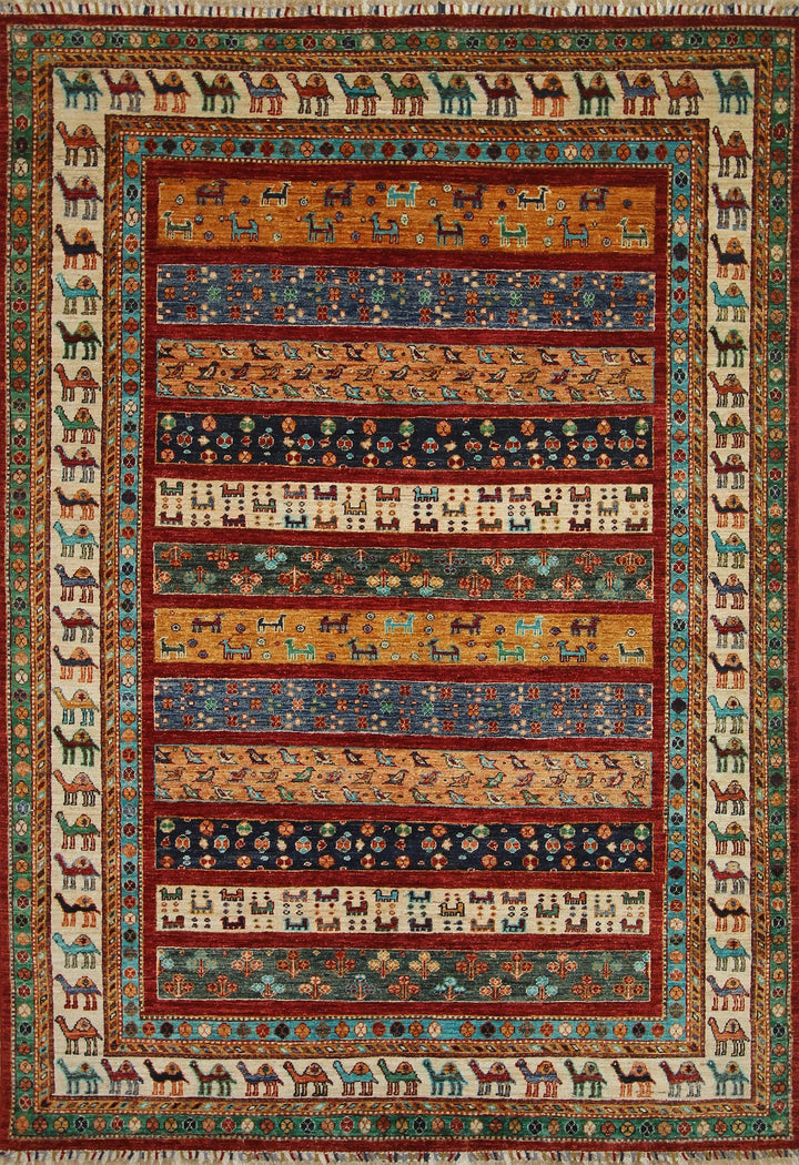 6x8 Gabbeh Beige Red Nomadic Tribal Afghan Handmade Rug - Yildiz Rugs